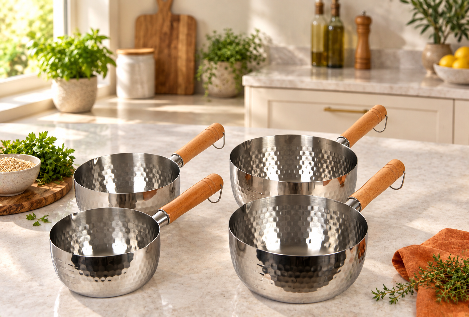 Cal Kitchen hammered stainless steel saucepan range in a modern kitchen