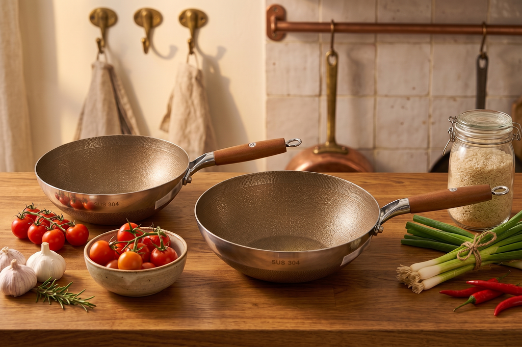 Two woks on a wooden surface with vegetables and kitchen utensils in the background.